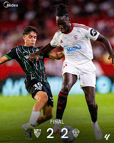 罗梅罗破门+三次进球被吹 桑切斯献助攻 塞维利亚2-2埃尔切