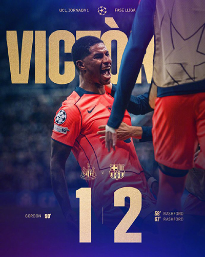 欧冠：巴萨2-1纽卡迎开门红 拉什福德世界波+双响孔德助攻