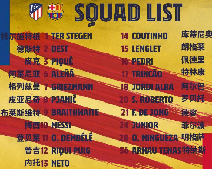 <a href=/zuqiujingsai/barcelona/ target=_blank class=infotextkey>巴萨</a>vs马竞大名单出炉