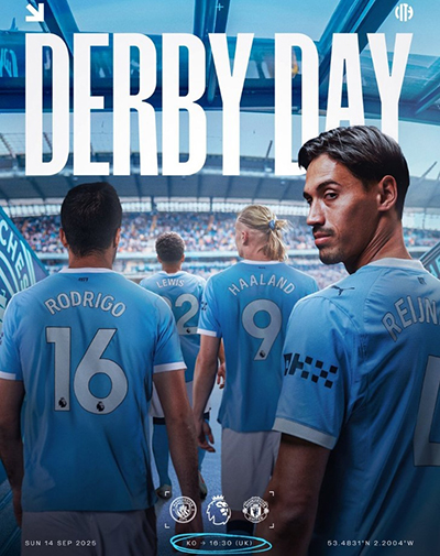 <a href=/zuqiujingsai/mancheng/ target=_blank class=infotextkey>曼城</a>晒德比大战海报：哈兰德、罗德里、赖因德斯步入伊蒂哈德