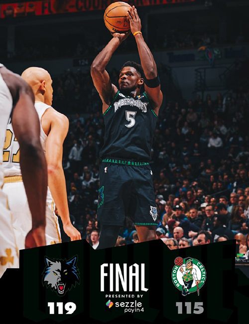 森林狼119-115险胜凯尔特人,爱德华兹39分,布朗空砍41+6